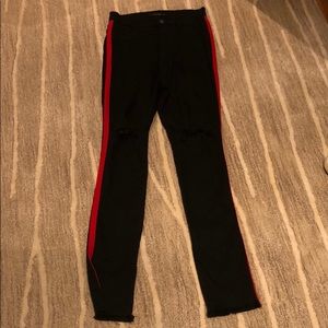 Black High Waisted Jeans with Red Stripe & Rips